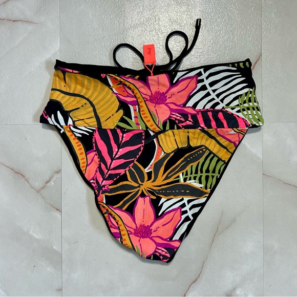 Maaji Tropical Floral High-Waisted Bikini Bottom Size Medium Black Reversible - Picture 2 of 6